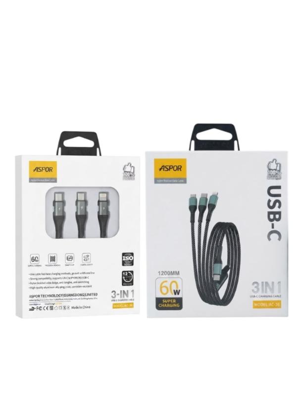 CABLE ASPOR AC 36 3EN1 60W COLOR NEGRO